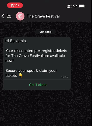 WhatsApp conversation showing ticket purchase