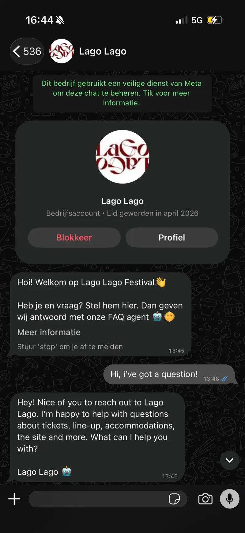 WhatsApp chat in which Lago Lago welcomes a visitor and the agent offers to help