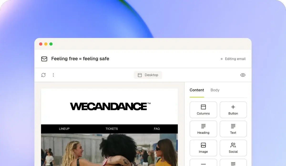 WECANDANCE's Feeling free = feeling safe newsletter in the Innercrowd email builder
